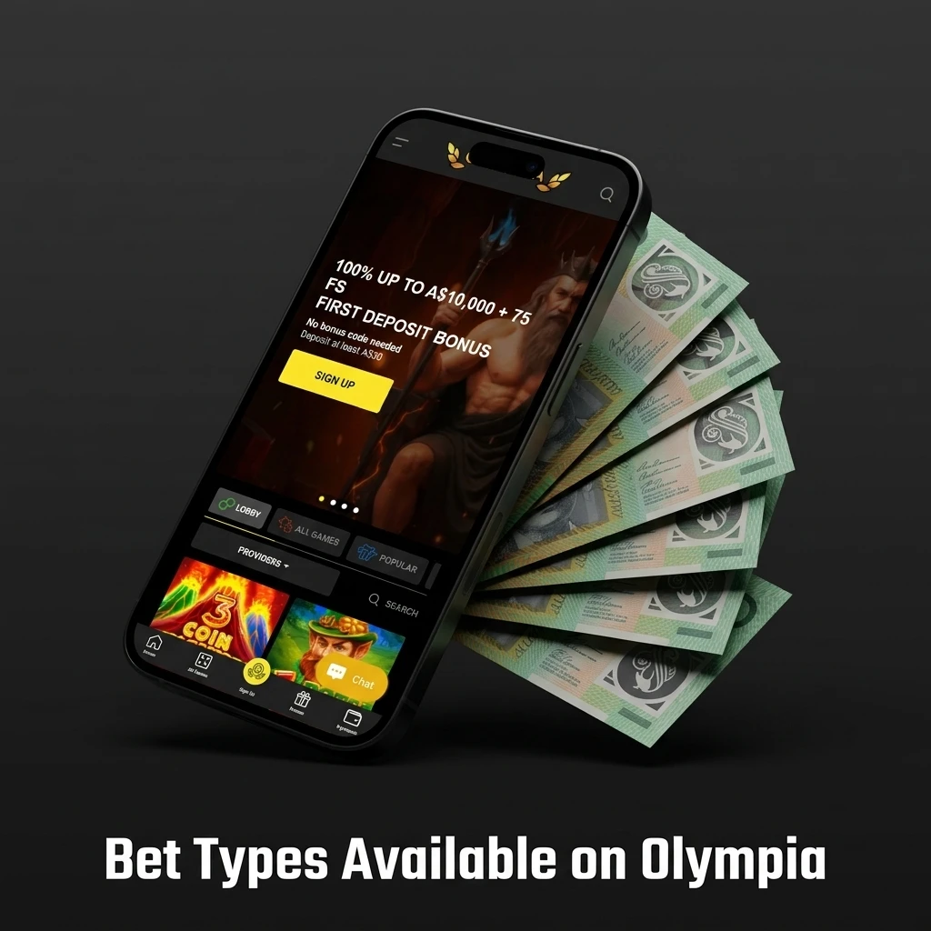 Olympia betting types including single, accumulator, system, live in-play, and line bets for various strategies