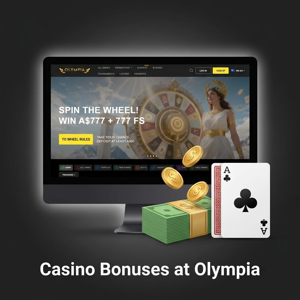 Olympia Casino bonuses including welcome offer, free spins, cashback, reload and VIP rewards for Australian players