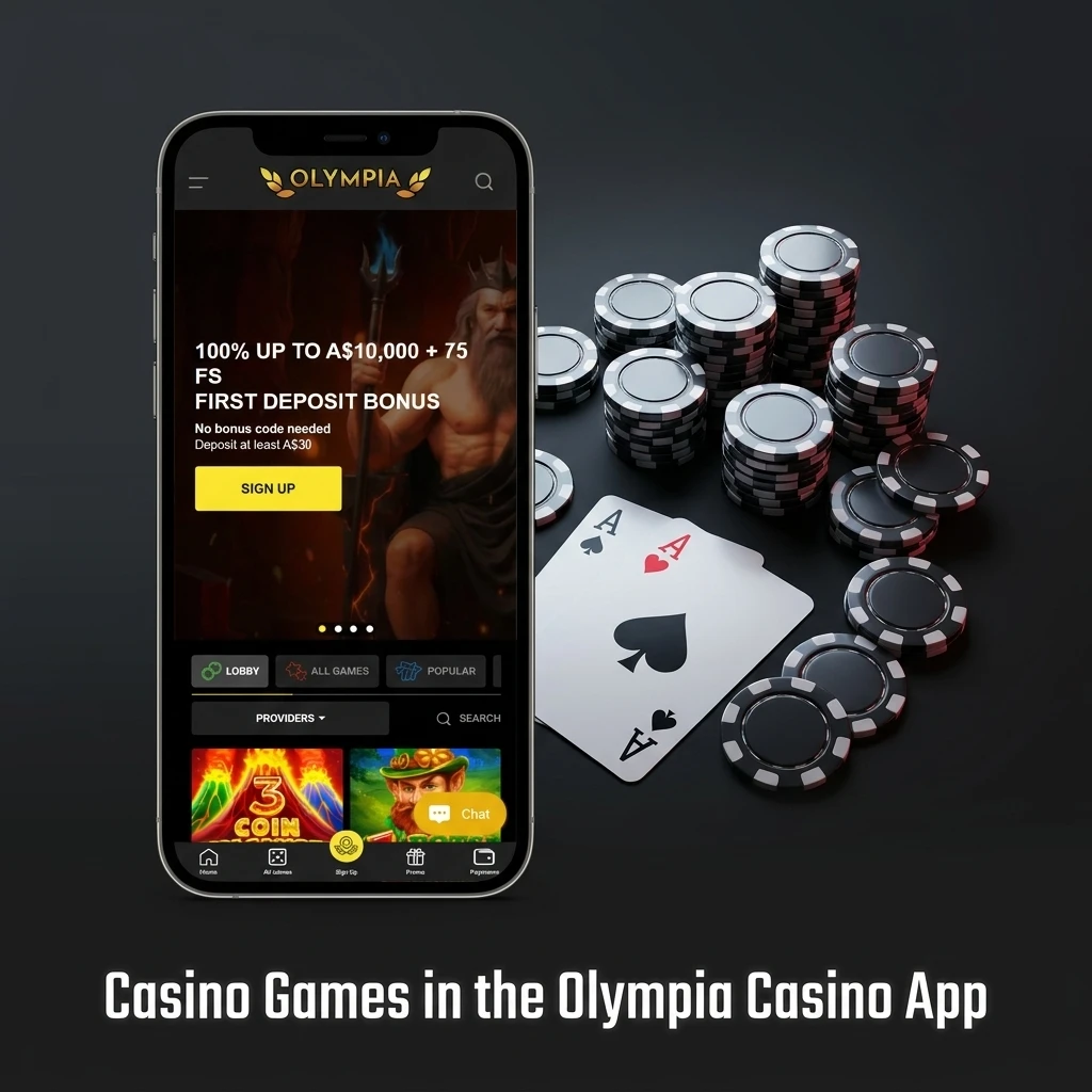 Olympia Casino app interface showing slots, live dealer games, and table classics like blackjack and roulette