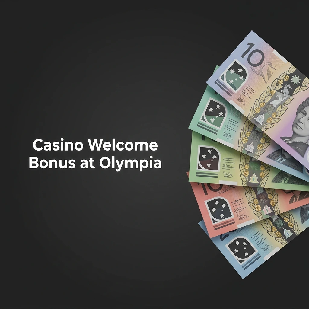 Olympia Casino welcome bonus offering 100% deposit match up to A$10,000 plus 75 free spins for new Australian players