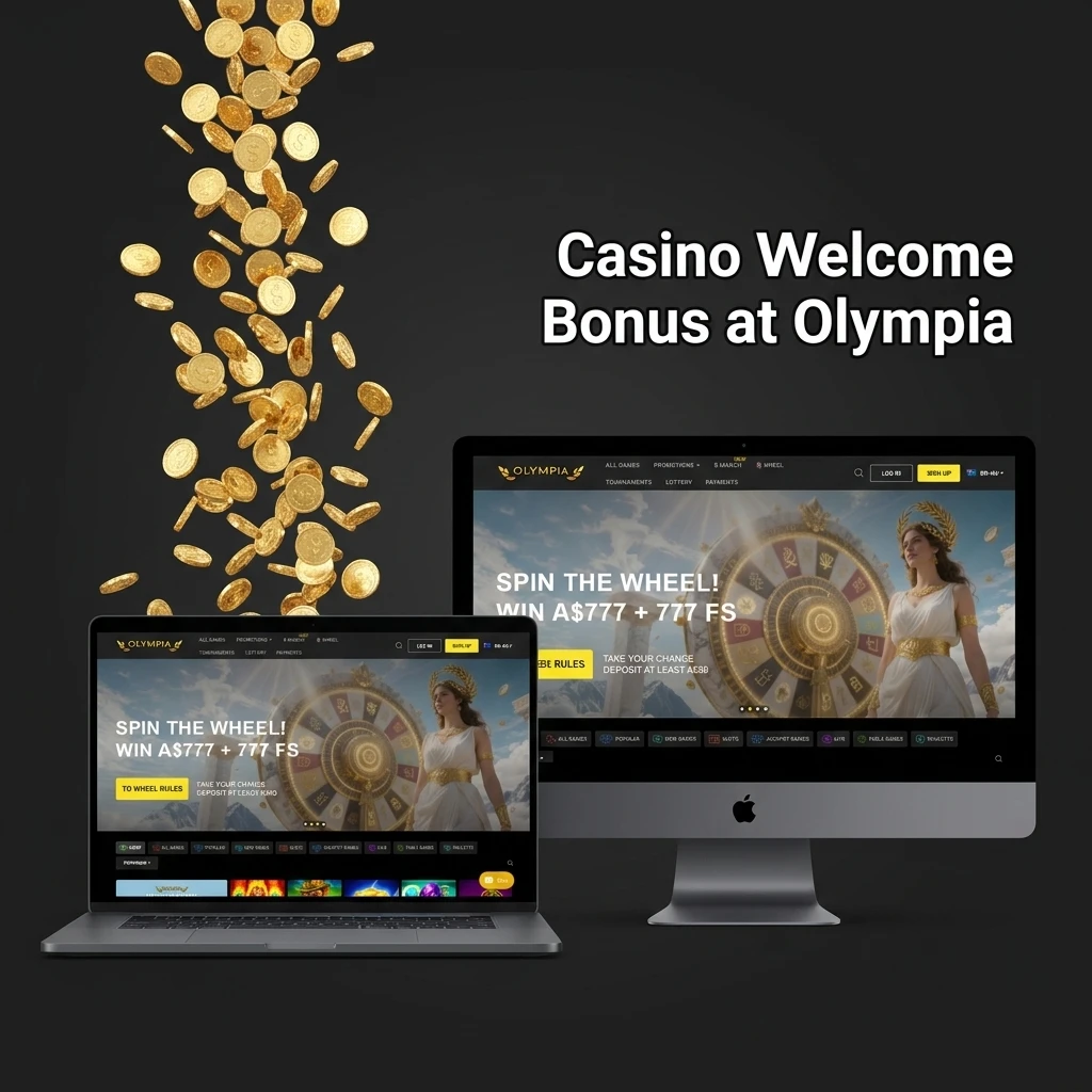 Olympia Casino welcome bonus offering Australian players 100% deposit match up to A$10,000 plus 75 Free Spins