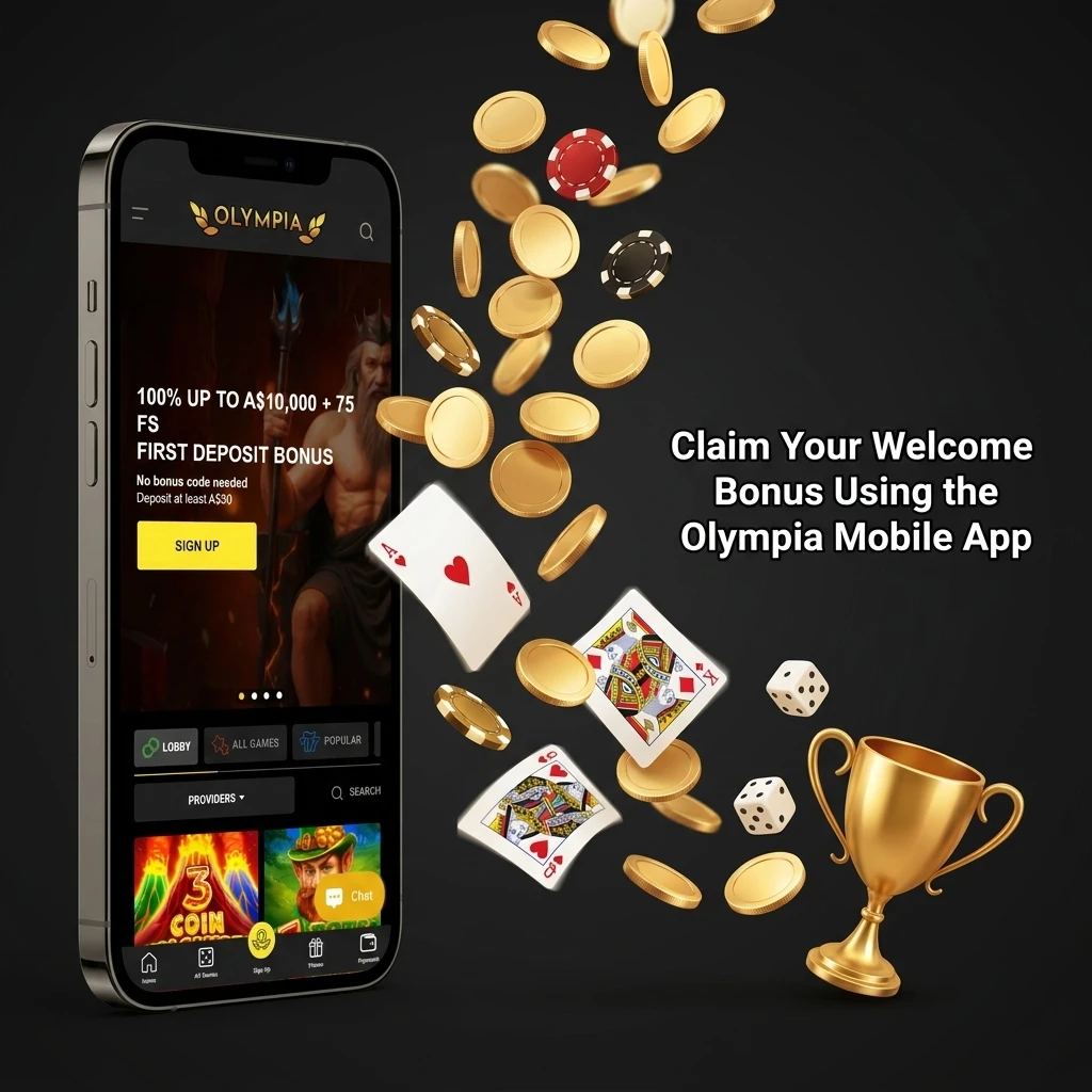 Olympia mobile app on iOS and Android showing welcome bonus claim steps with casino and sports betting access