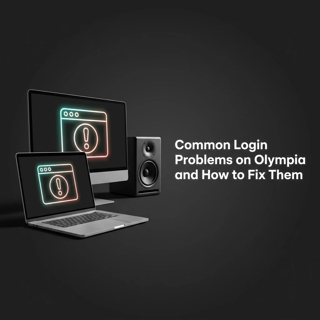 Olympia login problems and solutions table covering passwords, verification, lockouts, 2FA, and technical errors