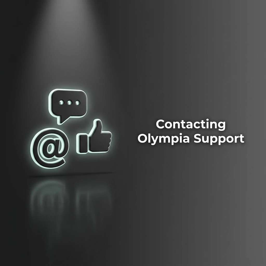 Olympia support channels including live chat, email support, and help centre with availability and contact details