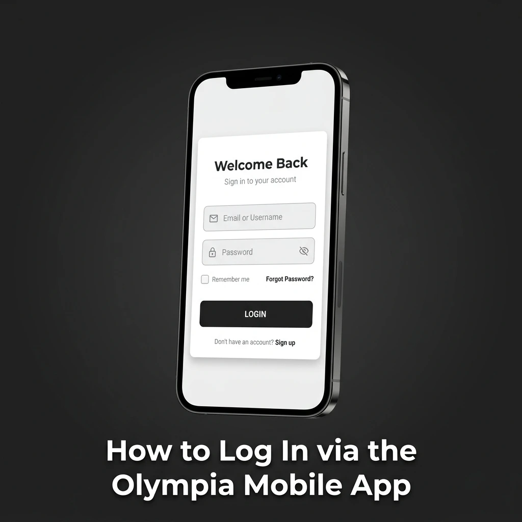User logging into Olympia mobile app on iPhone or iPad using email, password, or biometric authentication via Face ID or Touch ID