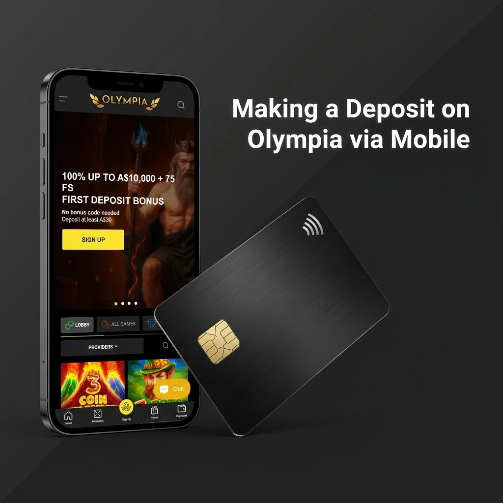 Mobile deposit guide for Olympia account showing step-by-step payment process with minimum A$10 deposit requirement