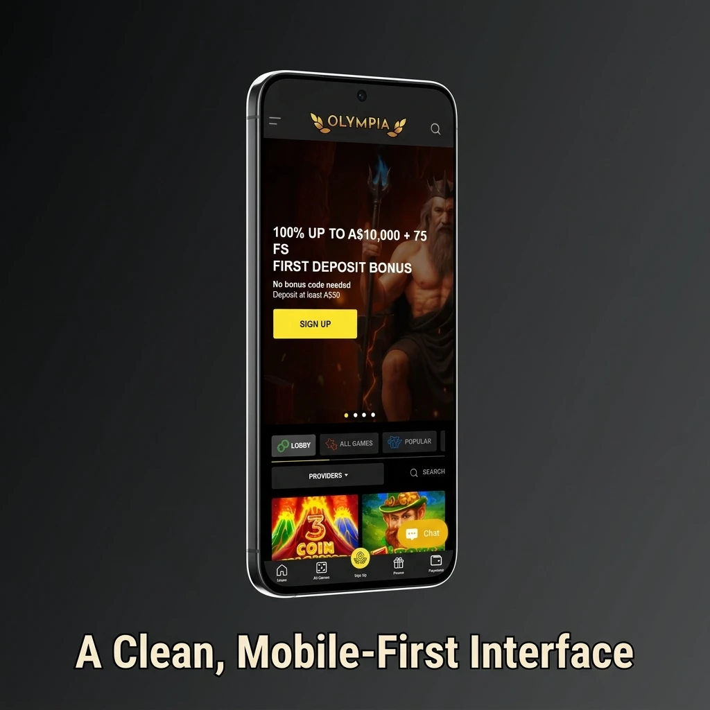 Olympia mobile betting interface showing fast navigation for sports markets, casino games and account tools on Android and iPhone