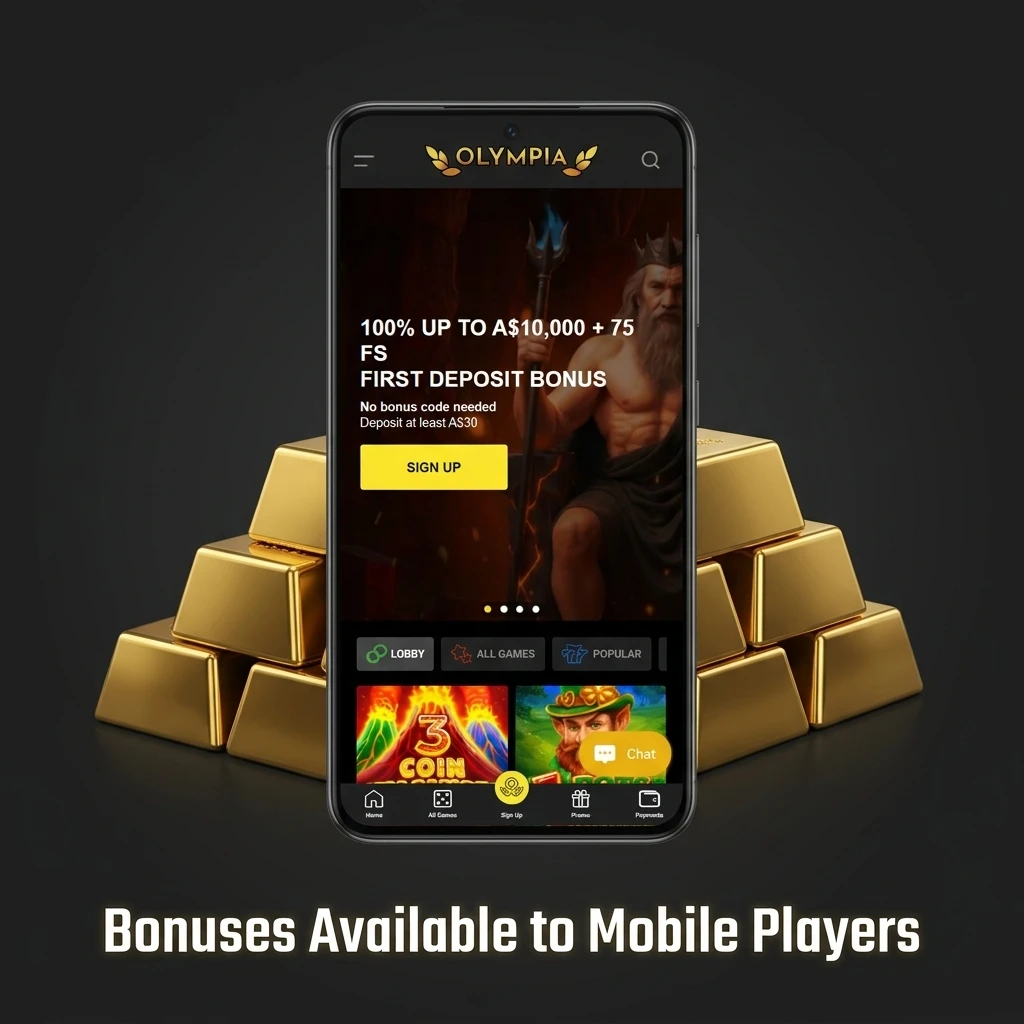 Mobile player bonuses including matched deposit up to A$10,000 plus free spins and A$50 free bet offer