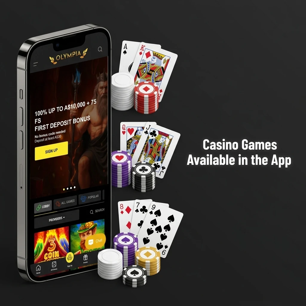 Olympia app casino games including Gates of Olympus, Lightning Roulette, and Starburst optimised for mobile touchscreen play