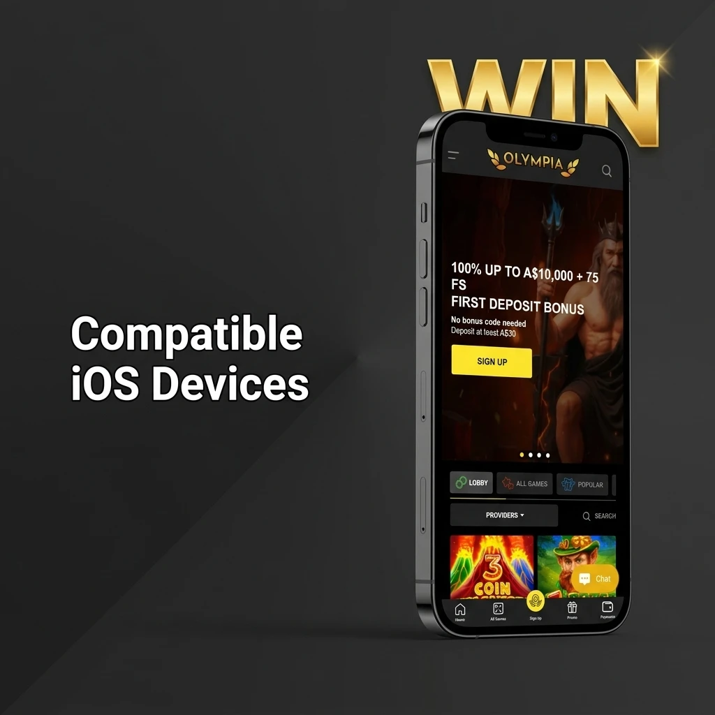 List of compatible iOS devices for the Olympia app including iPhone X through 15 series and iPad Air and iPad Pro models