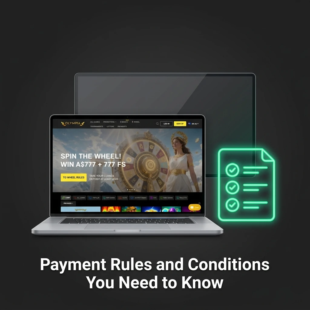 Olympia casino payment rules including verification, withdrawal conditions, bonus wagering, AUD currency, and transaction limits