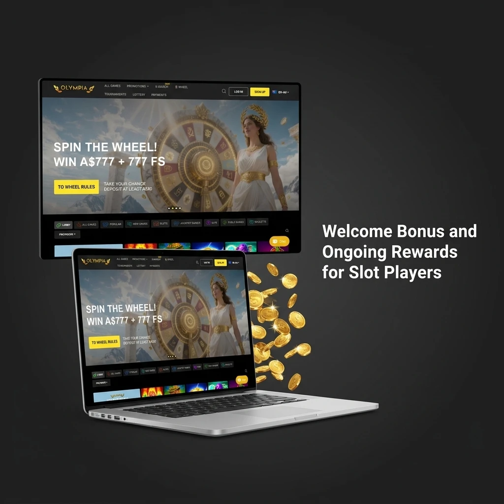 Olympia Casino welcome bonus 100% match up to A$10,000 plus 75 free spins and ongoing slot player rewards