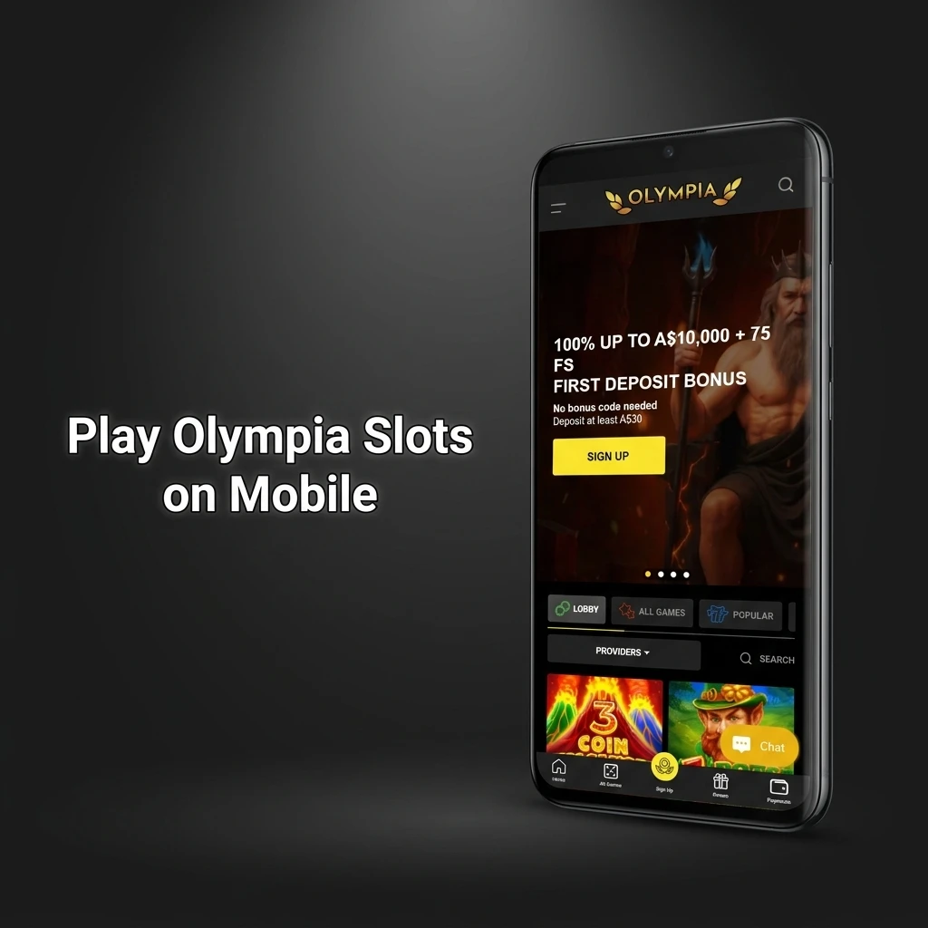 Olympia mobile slots app showing 3000+ games, touchscreen navigation, and installation options for Android and iOS