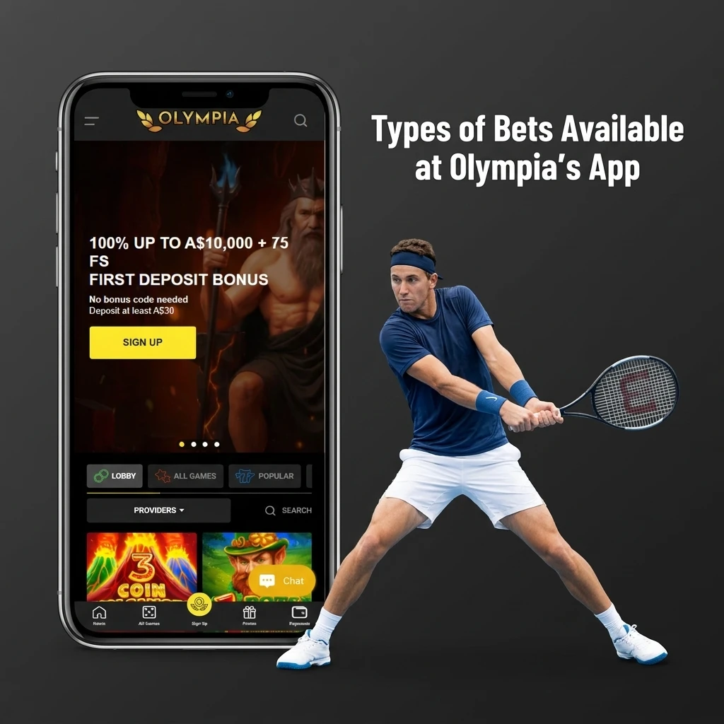 Olympia app bet types including single, accumulator, treble, system bet, and line bet options for casual and experienced punters