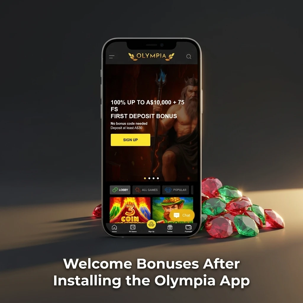 Olympia app welcome bonus for Australian players featuring 100% deposit match up to A$10,000 plus 75 Free Spins
