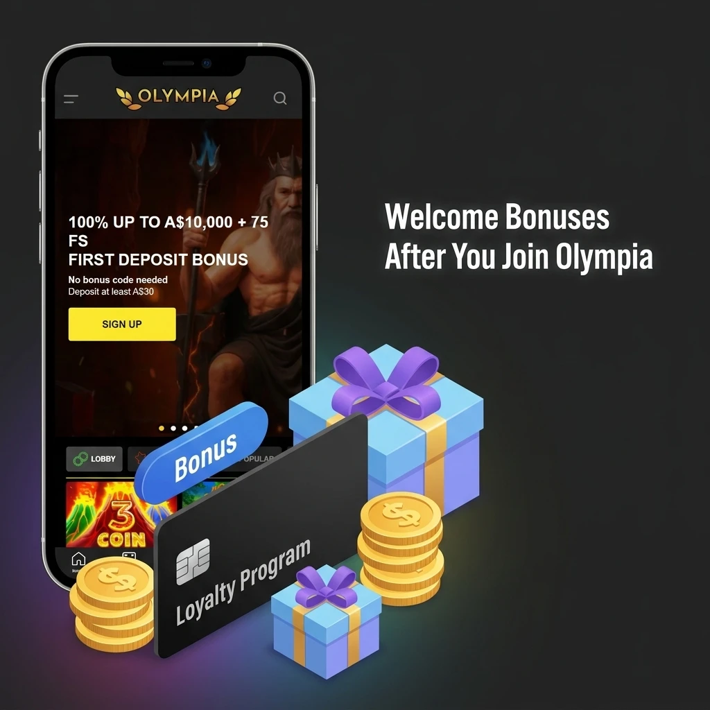 Olympia Casino welcome bonus offering 100% match up to A$10,000 plus 75 free spins for new players
