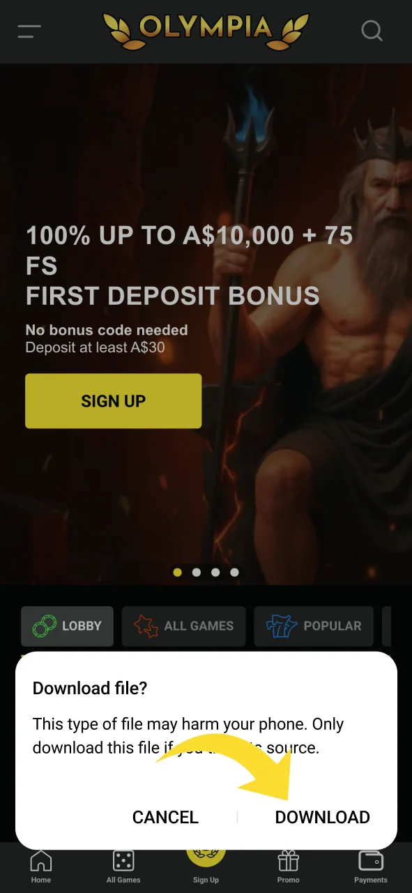 Confirm the Olympia APK download in your mobile browser.