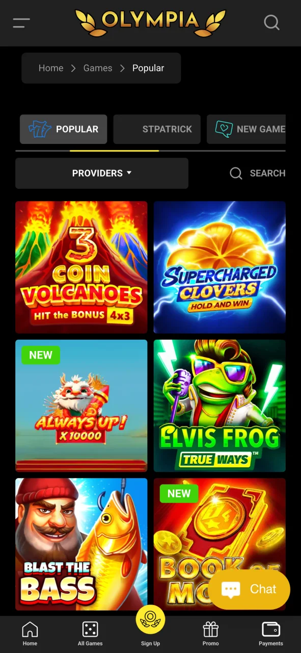 Explore the Olympia Android casino lobby with top slots.