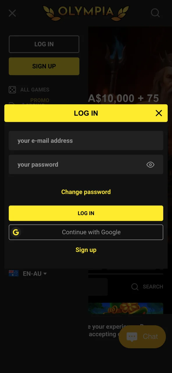 Enter your credentials on the Olympia Android login page.