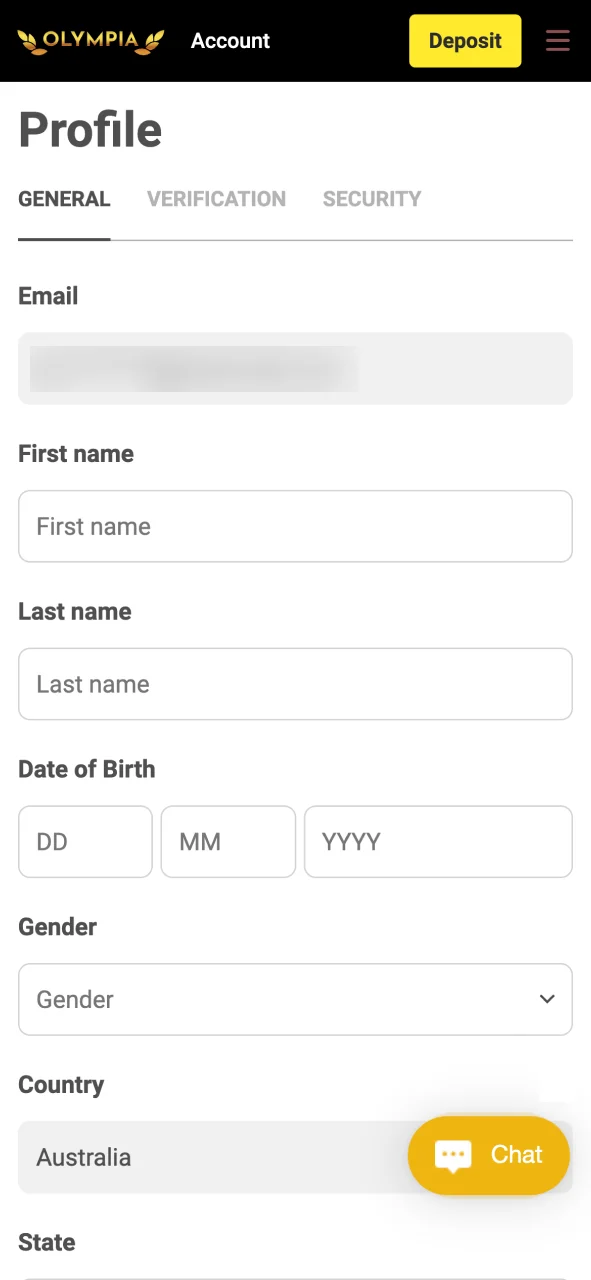 Manage your personal details in the Olympia profile section.