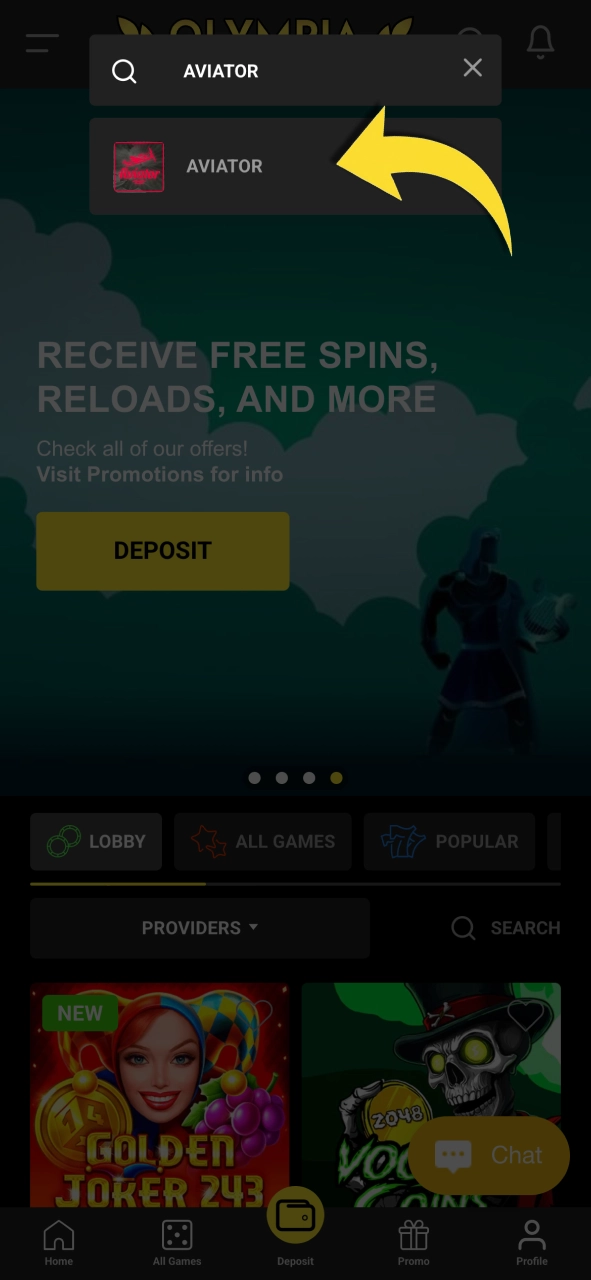 Find Aviator on Olympia now and access the game through the crash section.