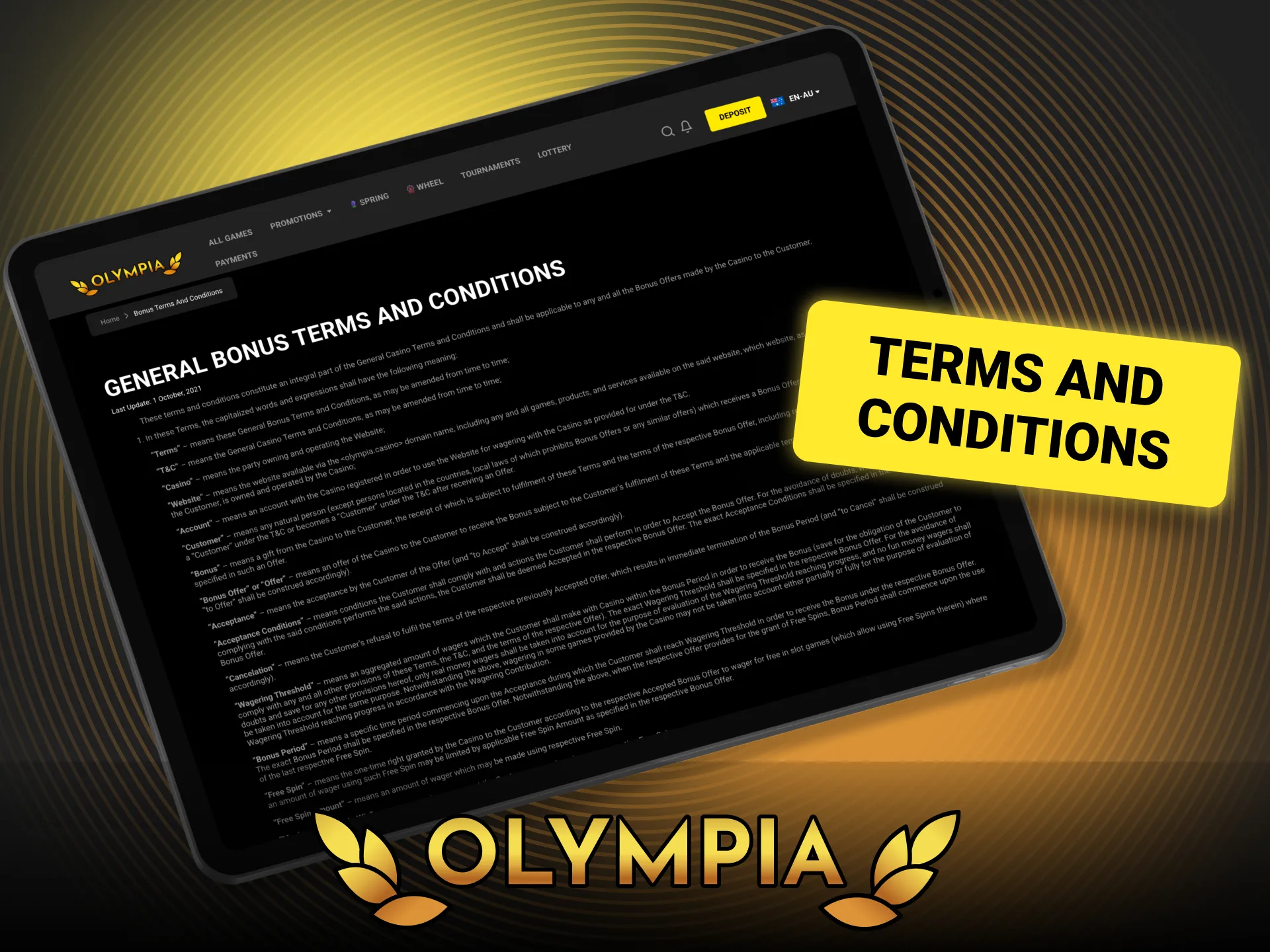 Review Olympia bonus terms now and play with full understanding of the rules.