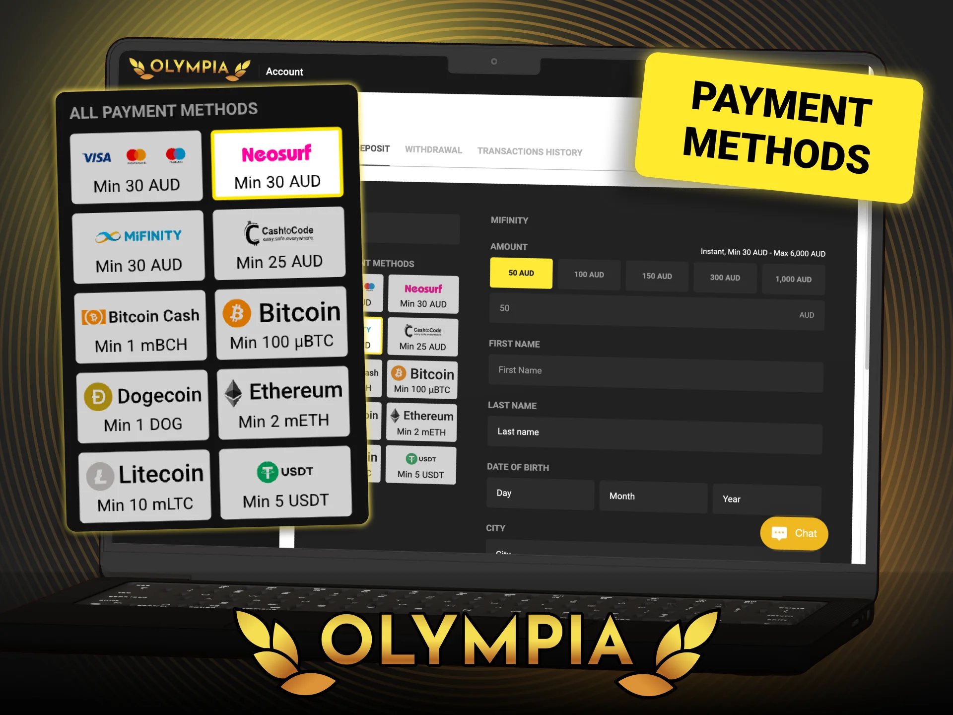 View traditional banking methods including Visa and Mastercard at Olympia.