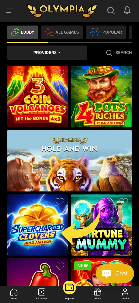 Select the Casino tab from the Olympia main navigation menu.