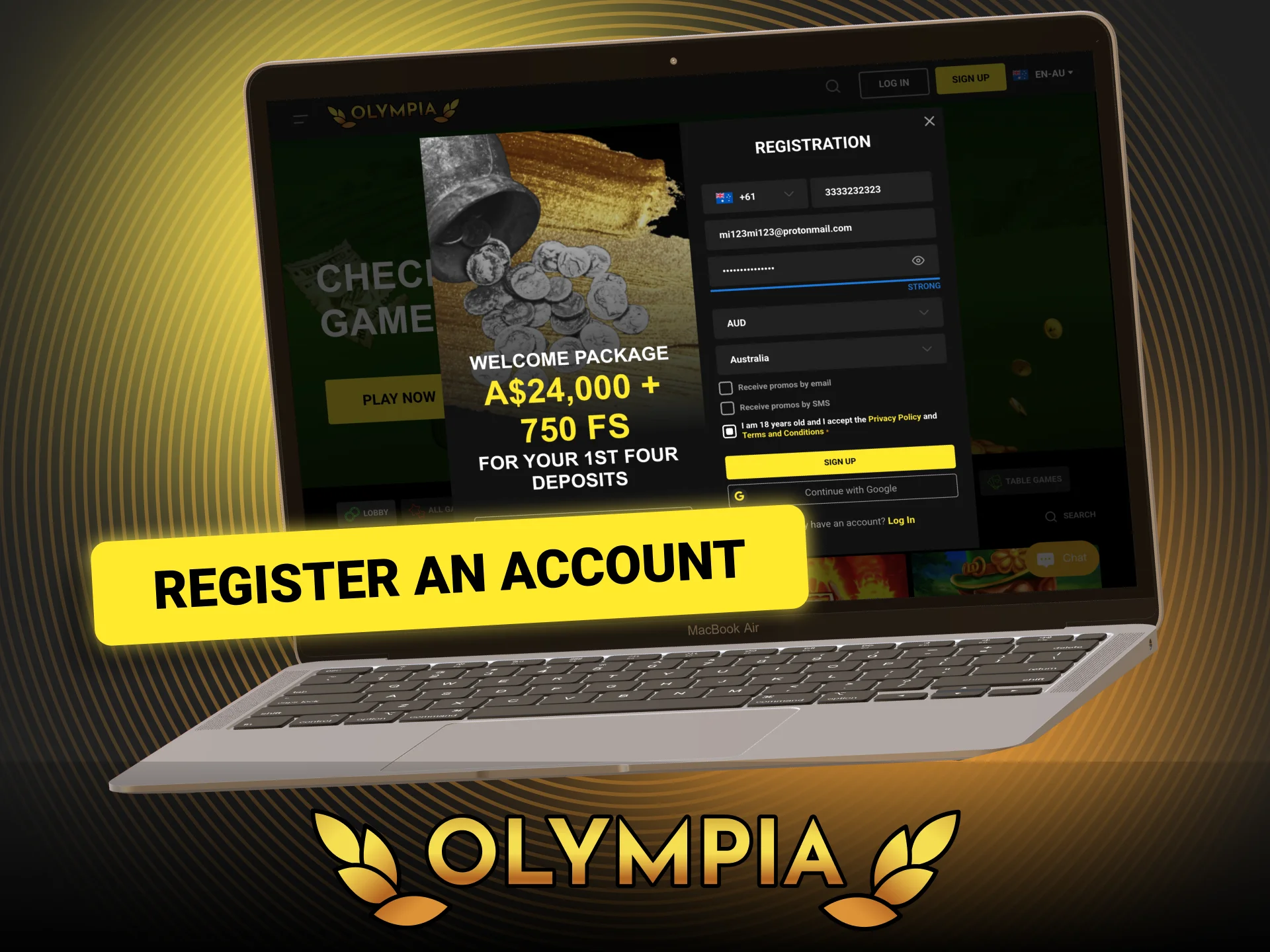 Visit the official Olympia website on your browser or mobile app to start.