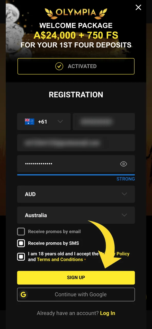 Sign up for an Olympia account in under a minute via mobile.