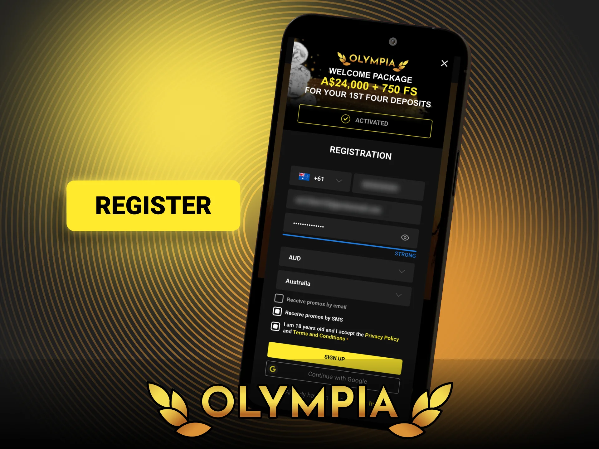 Complete the simple Olympia sign-up form on your mobile device.