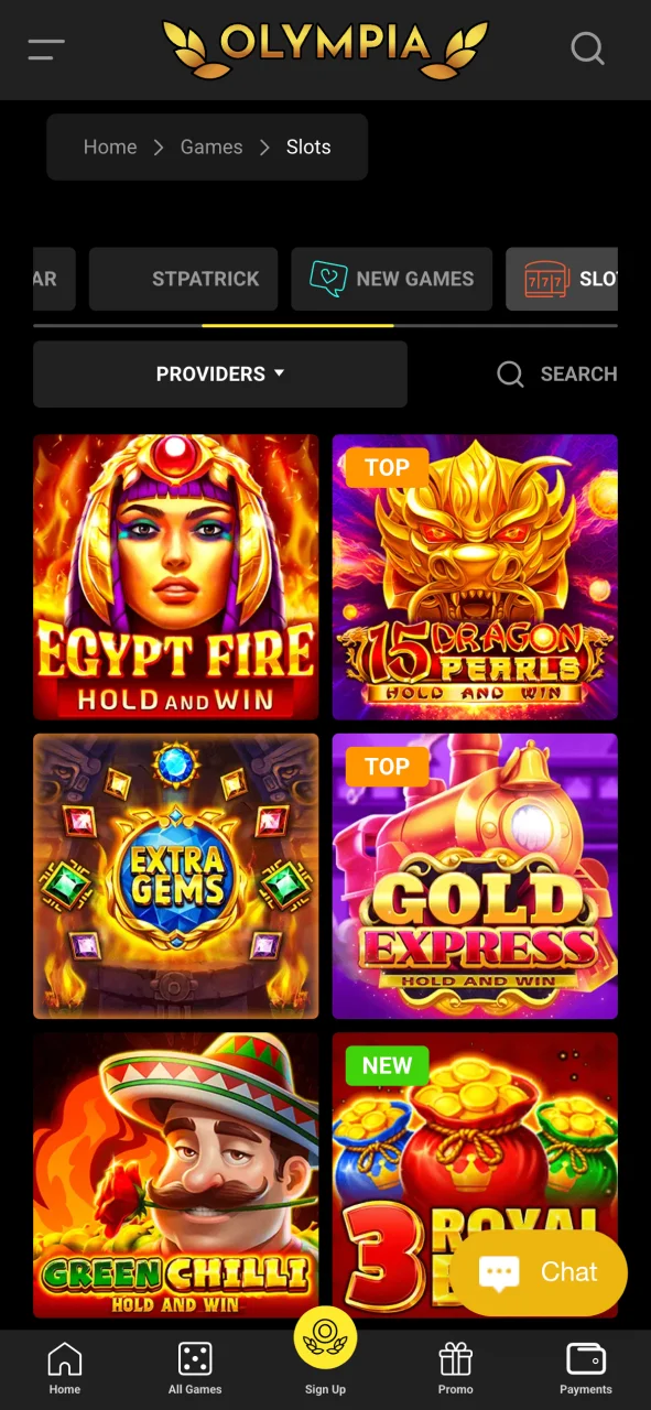 Browse the vast collection of casino games in the Olympia iOS app.