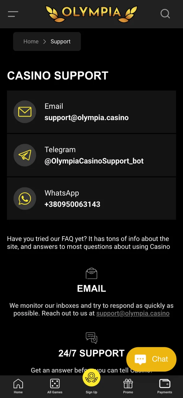 Access the help center and FAQ within the Olympia iOS interface.