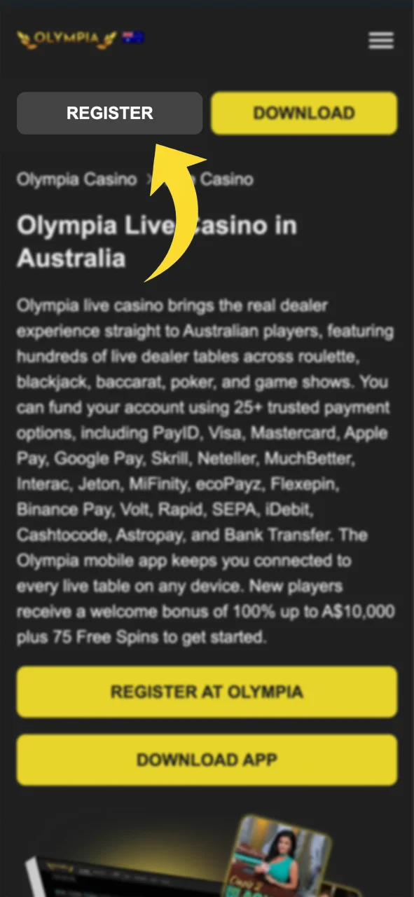 Complete the Olympia sign-up steps to access real money games.