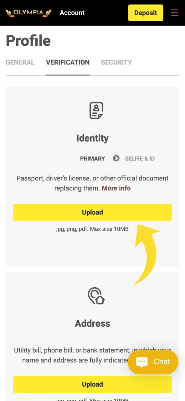 Upload a valid ID to complete your Olympia account verification.