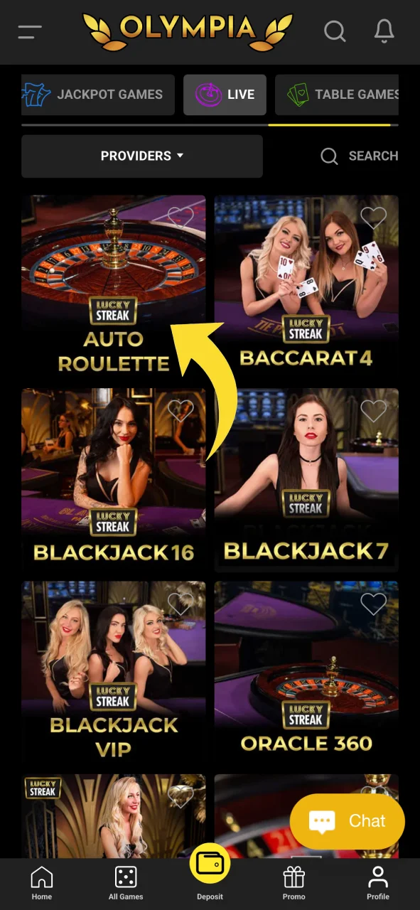 Navigate to the Olympia live casino section to browse available tables.