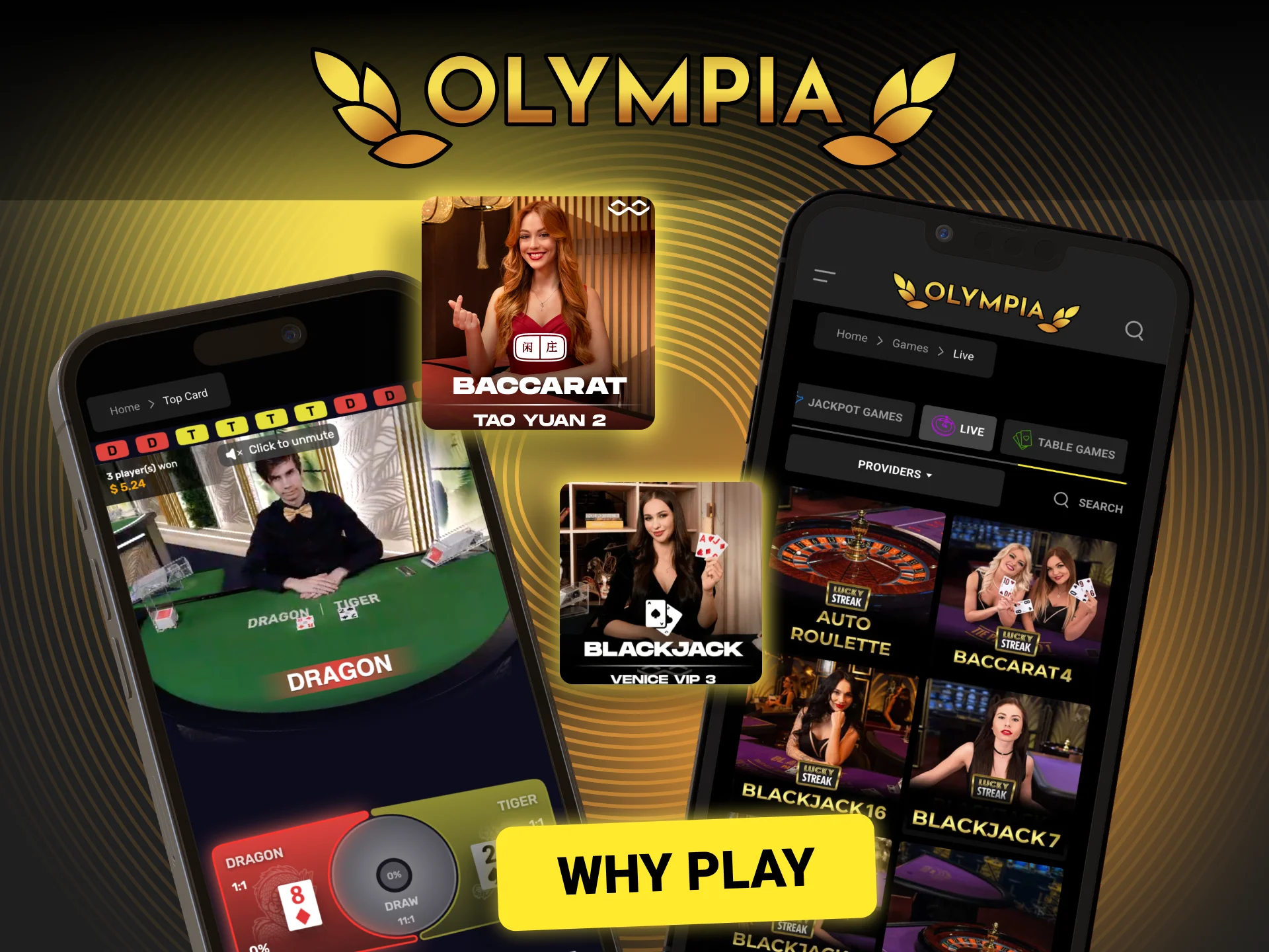 Enjoy real-time gaming with professional live dealers at Olympia.