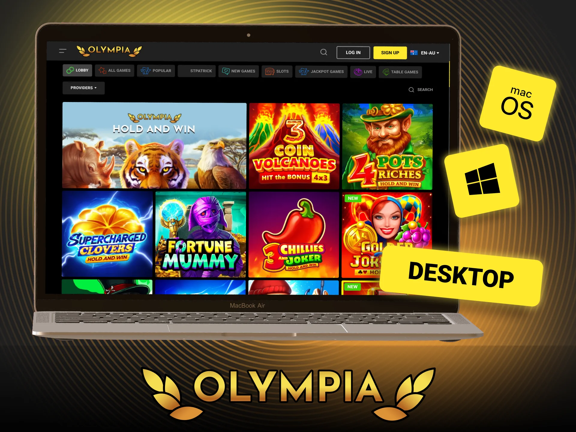 Play on the official Olympia website using any PC browser.