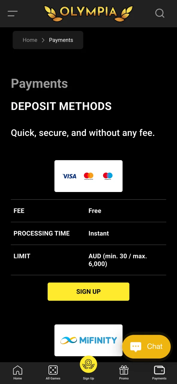 Make fast and secure deposits at Olympia.