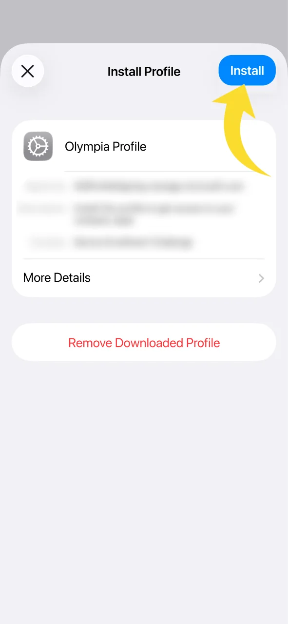 Open iOS settings to find the Olympia application profile.