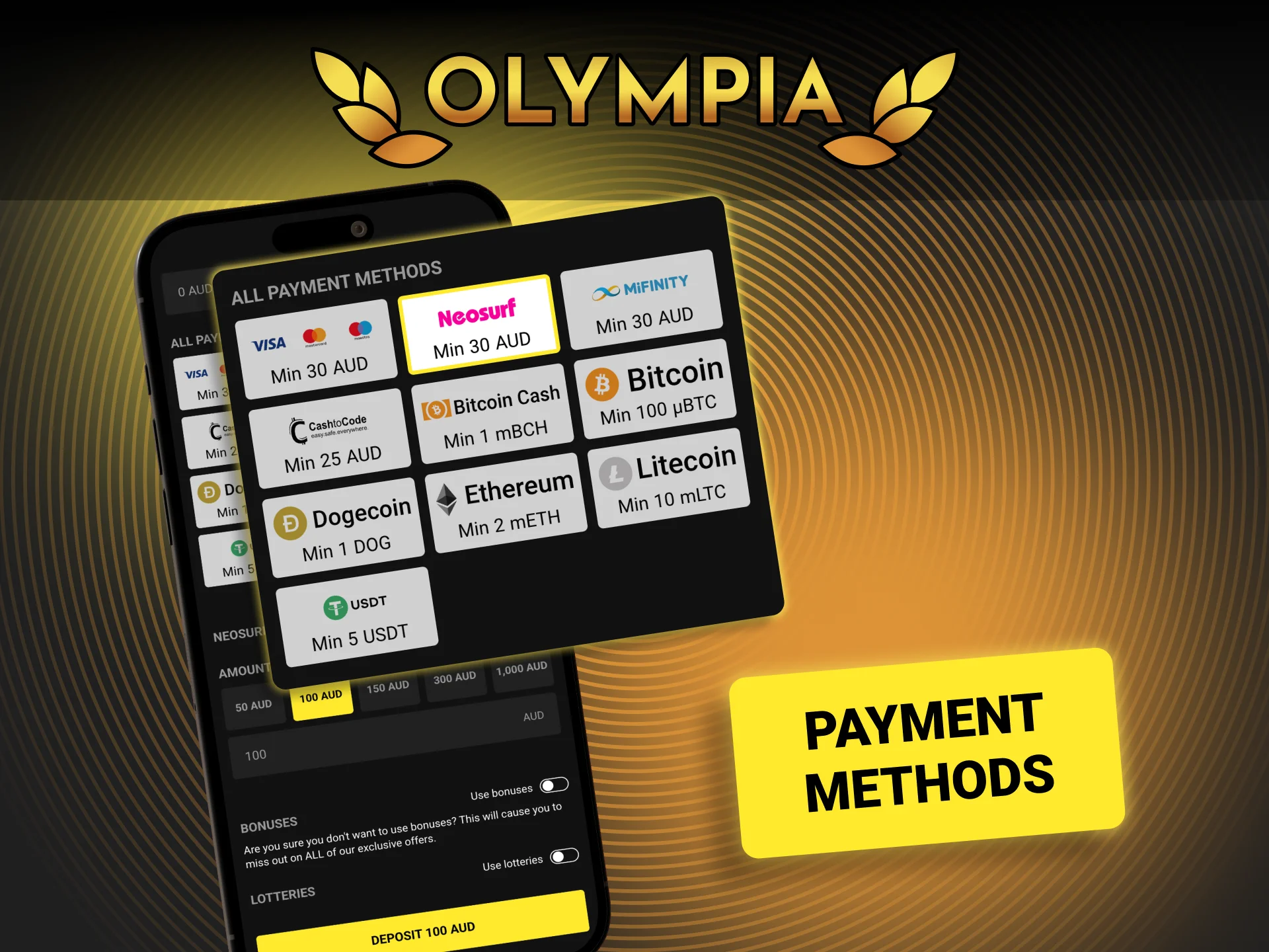 View available payment methods at Olympia for Australian users.