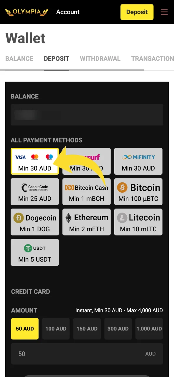 Select your preferred deposit method from the Olympia payment list.