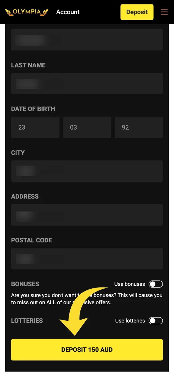 Finalize the deposit process in the Olympia app for immediate play.