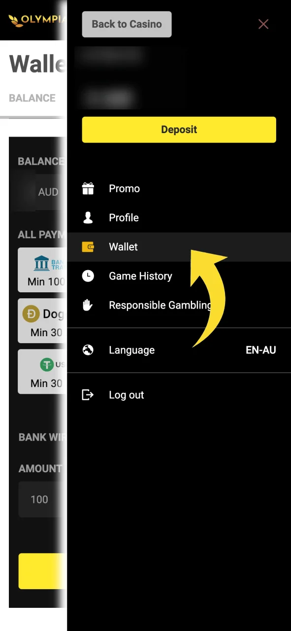 Navigate to the Olympia cashier section via the main menu.