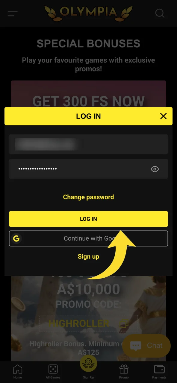Log in to your Olympia account using your email and password.