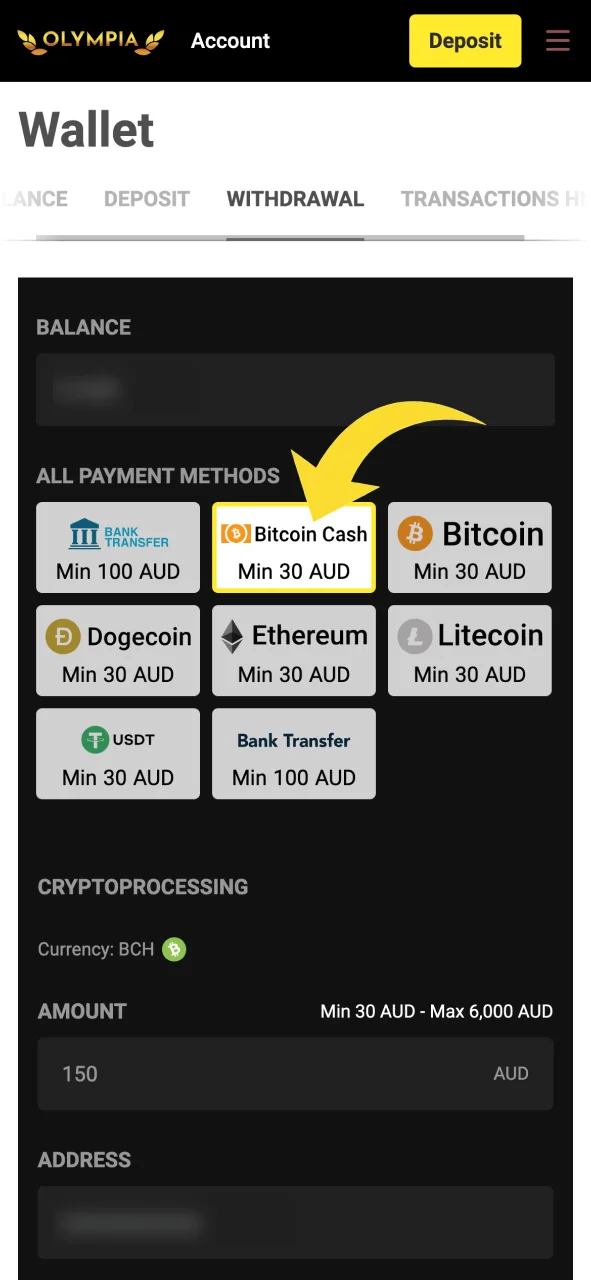 Choose your preferred withdrawal method in the Olympia mobile app.