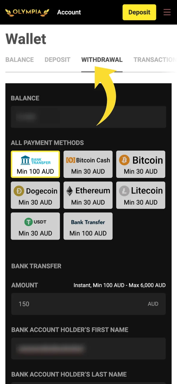 Click the withdrawal tab in the Olympia cashier to view payout options.