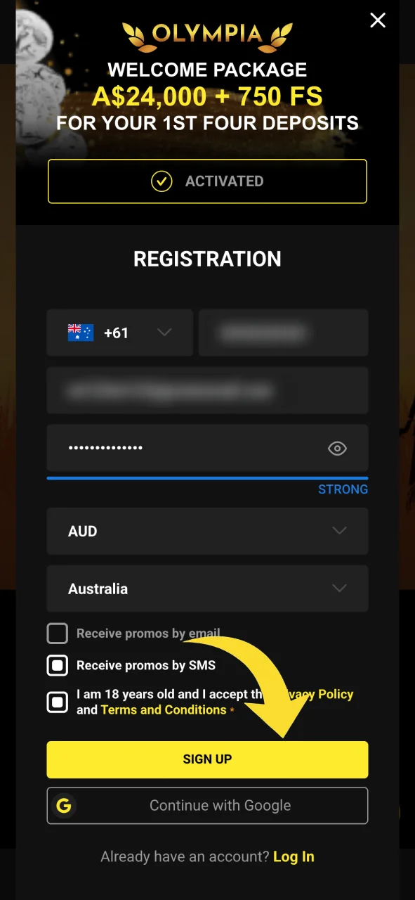 Fill in the Olympia registration form with your personal details.