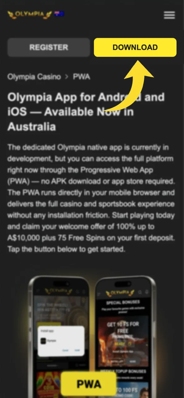 Tap the Olympia download button to access the Android web app.