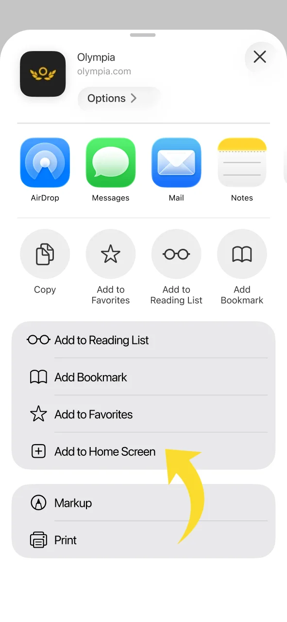 Select Add to Home Screen from the Safari menu for Olympia.